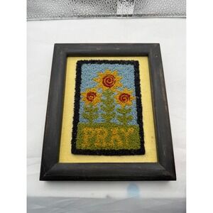 Framed Punch Needle Art Three Sunflowers "PEACE" Blue Yellow Green Home Decor
